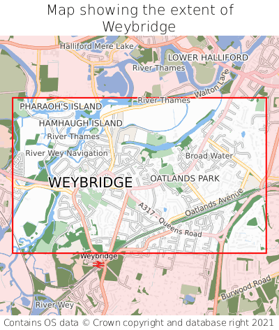 Map showing extent of Weybridge as bounding box