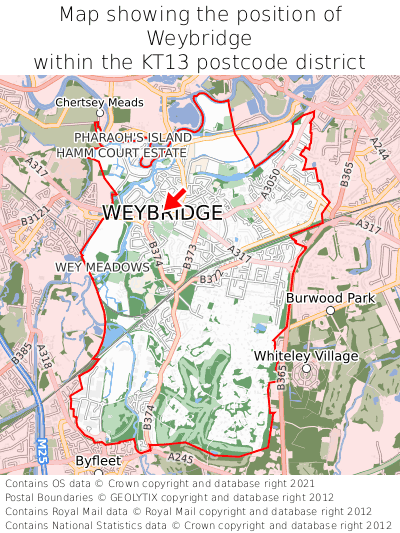 Map showing location of Weybridge within KT13