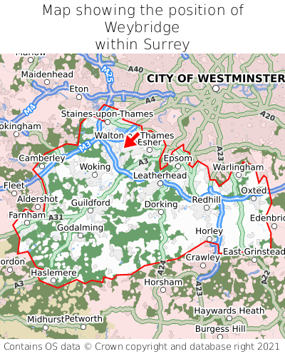 Map showing location of Weybridge within Surrey