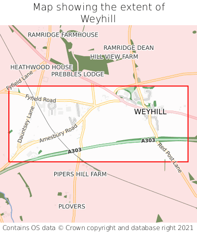 Map showing extent of Weyhill as bounding box
