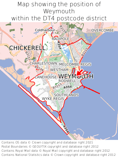 Map showing location of Weymouth within DT4