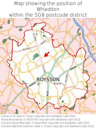 Map showing location of Whaddon within SG8