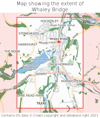 Map showing extent of Whaley Bridge as bounding box