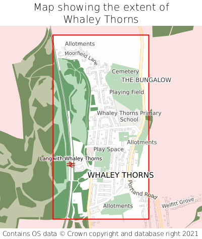 Map showing extent of Whaley Thorns as bounding box