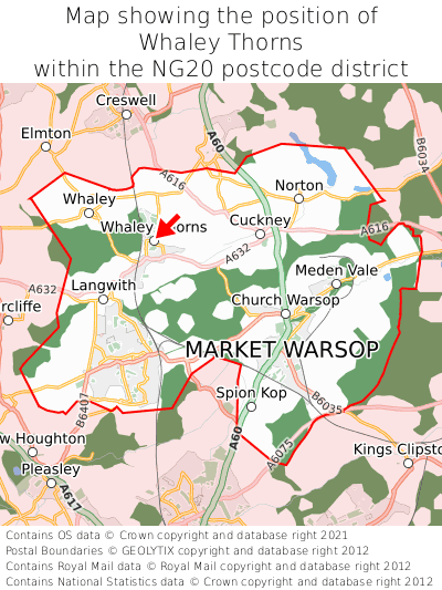 Map showing location of Whaley Thorns within NG20