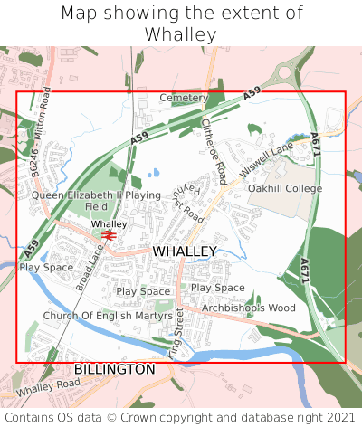 Map showing extent of Whalley as bounding box