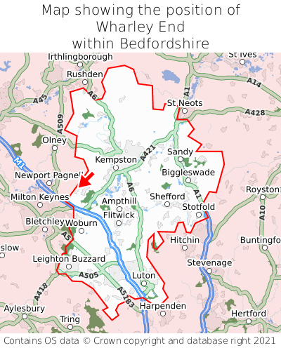 Map showing location of Wharley End within Bedfordshire