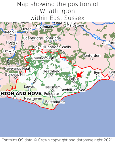Map showing location of Whatlington within East Sussex