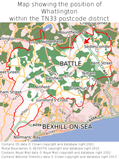 Map showing location of Whatlington within TN33