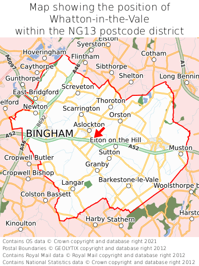 Map showing location of Whatton-in-the-Vale within NG13