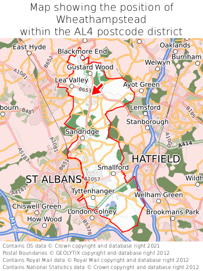 Map showing location of Wheathampstead within AL4