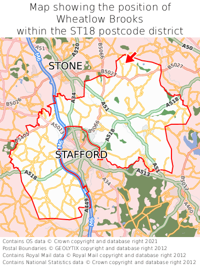 Map showing location of Wheatlow Brooks within ST18