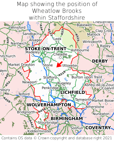 Map showing location of Wheatlow Brooks within Staffordshire