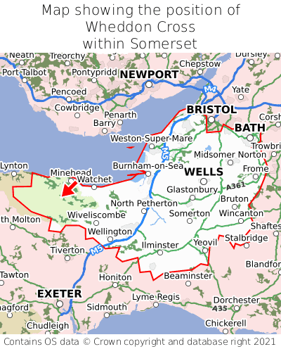Map showing location of Wheddon Cross within Somerset