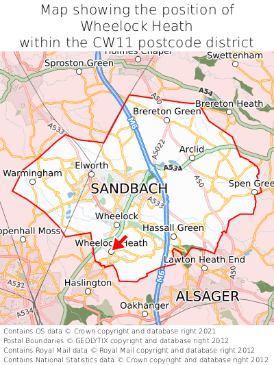 Map showing location of Wheelock Heath within CW11