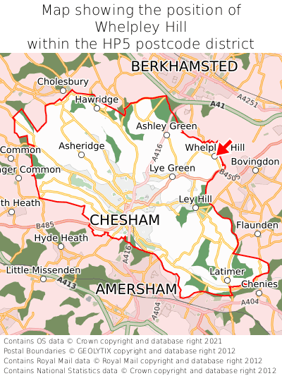 Map showing location of Whelpley Hill within HP5