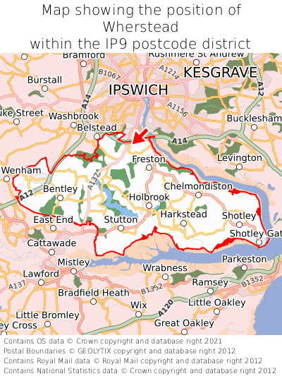 Map showing location of Wherstead within IP9