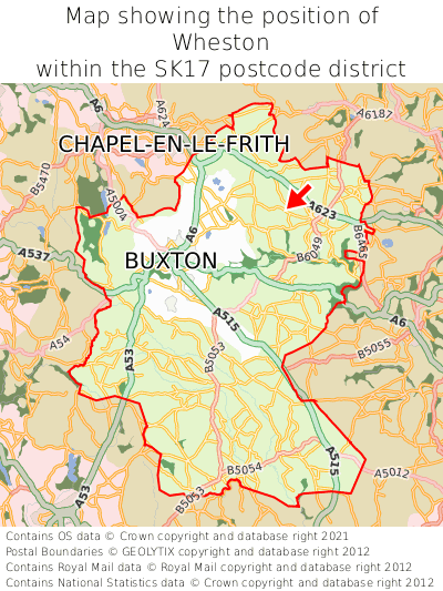 Map showing location of Wheston within SK17