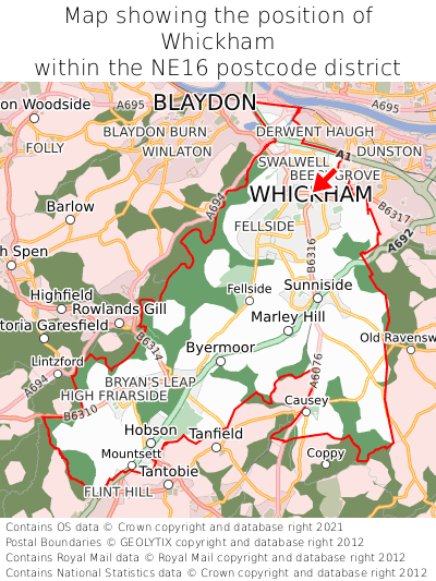 Map showing location of Whickham within NE16
