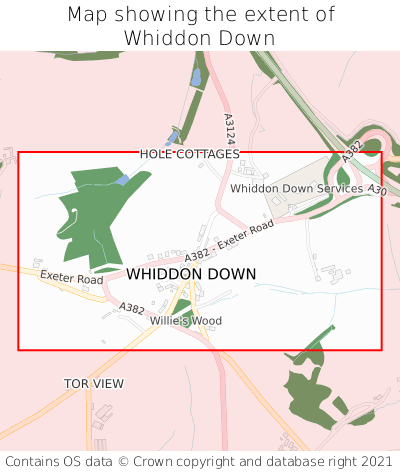Map showing extent of Whiddon Down as bounding box
