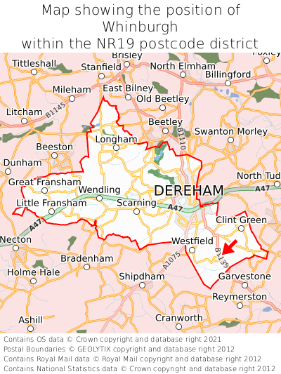 Map showing location of Whinburgh within NR19