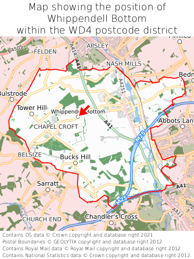 Map showing location of Whippendell Bottom within WD4