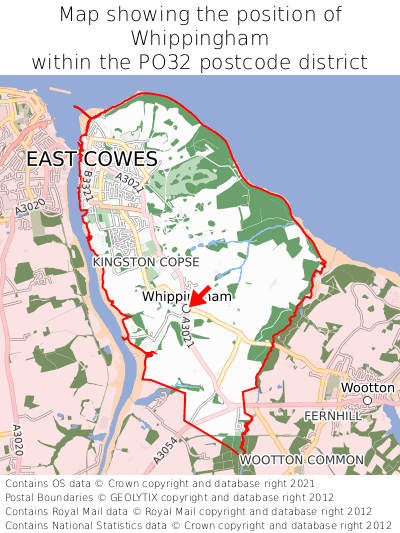 Map showing location of Whippingham within PO32