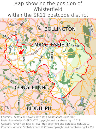 Map showing location of Whisterfield within SK11