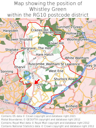 Map showing location of Whistley Green within RG10