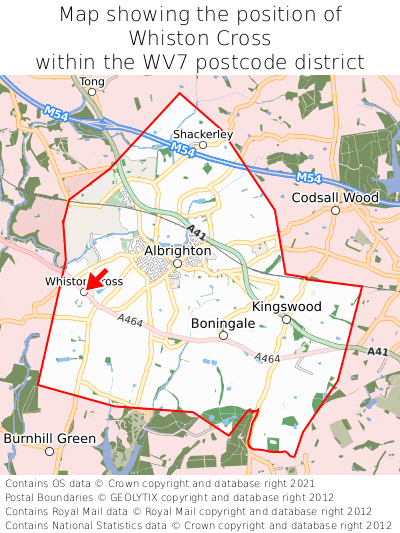Map showing location of Whiston Cross within WV7