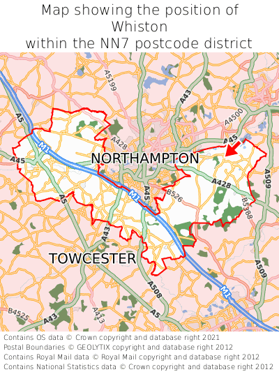 Map showing location of Whiston within NN7