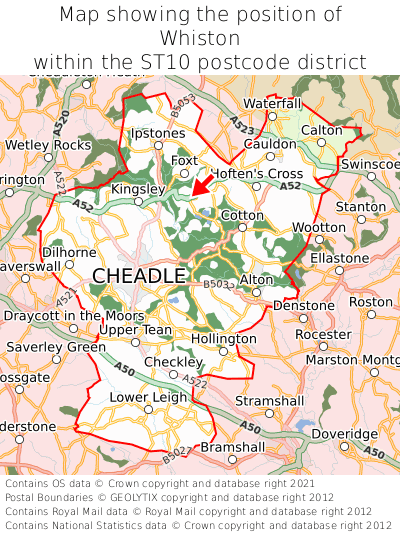 Map showing location of Whiston within ST10