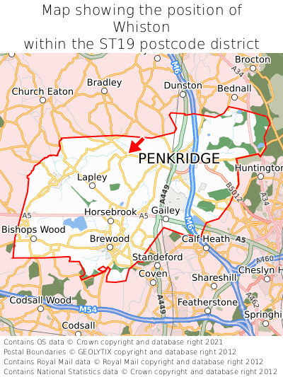 Map showing location of Whiston within ST19