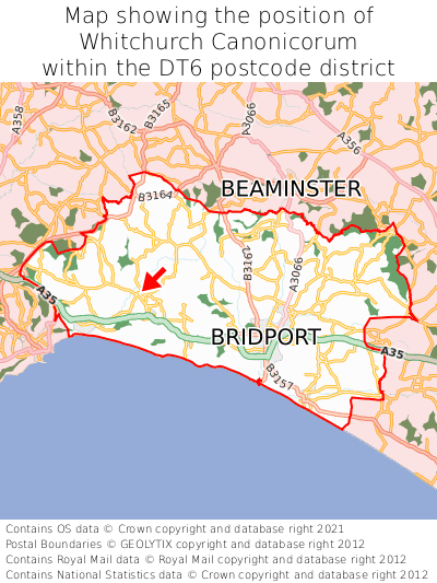 Map showing location of Whitchurch Canonicorum within DT6