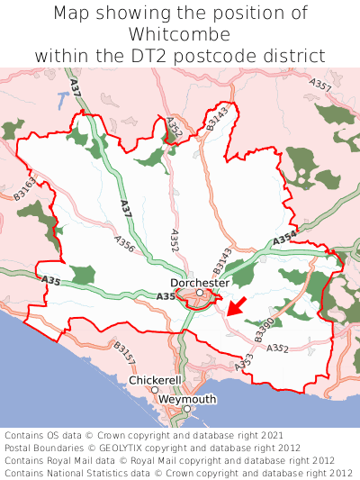 Map showing location of Whitcombe within DT2