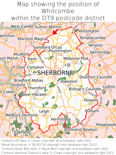 Map showing location of Whitcombe within DT9