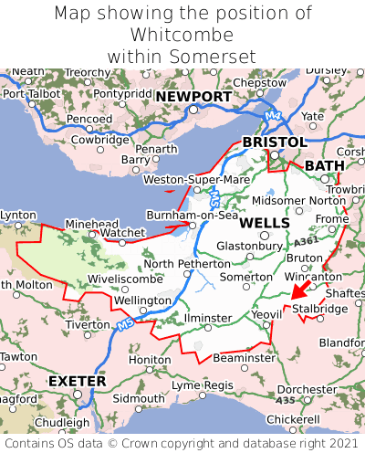 Map showing location of Whitcombe within Somerset