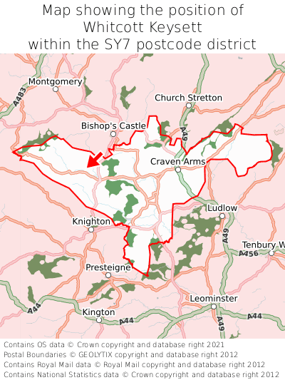 Map showing location of Whitcott Keysett within SY7