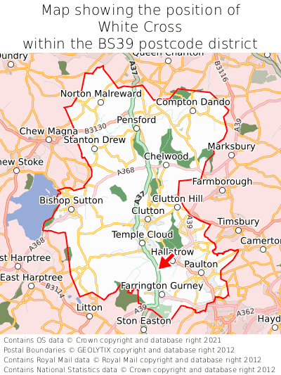 Map showing location of White Cross within BS39