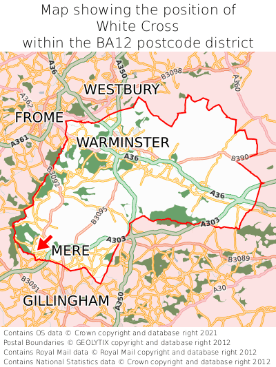 Map showing location of White Cross within BA12