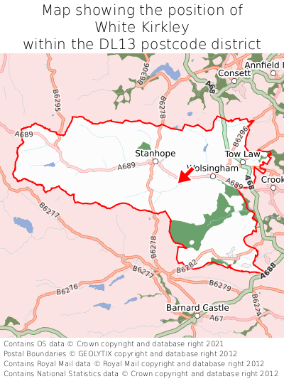Map showing location of White Kirkley within DL13