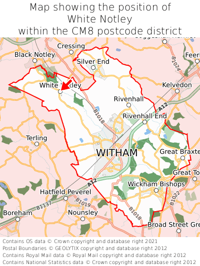 Map showing location of White Notley within CM8