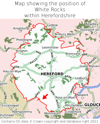 Map showing location of White Rocks within Herefordshire