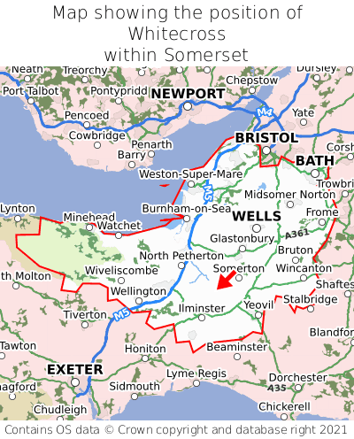 Map showing location of Whitecross within Somerset