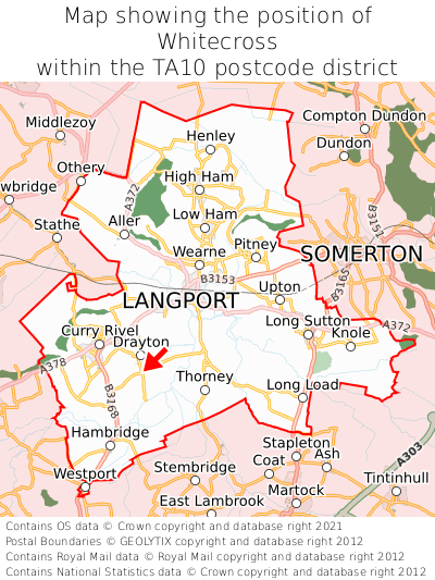 Map showing location of Whitecross within TA10