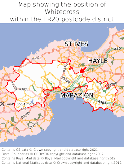Map showing location of Whitecross within TR20