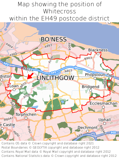 Map showing location of Whitecross within EH49