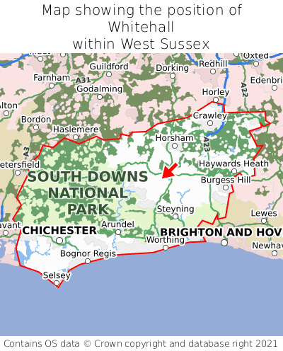 Map showing location of Whitehall within West Sussex