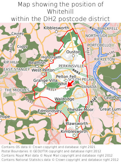 Map showing location of Whitehill within DH2