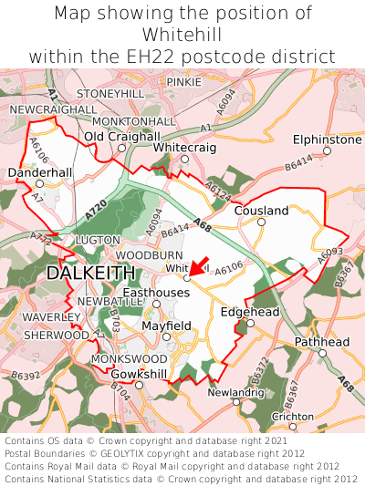 Map showing location of Whitehill within EH22